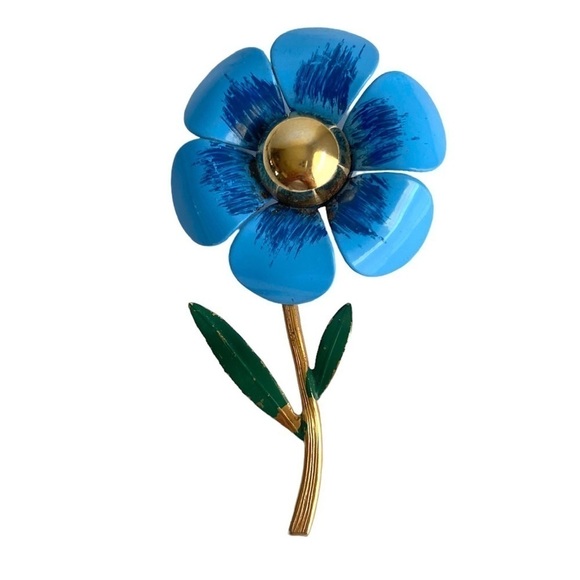 Vintage 60s Enamel Daisy Brooch Gold Tone Blue Flower Power Pin Retro - Picture 1 of 7